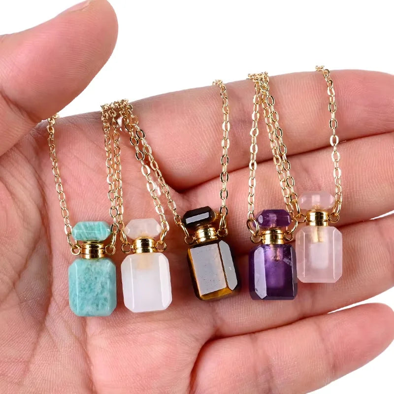 Wholesale Custom Natural Stone Cherry Blossoms Agate Mini Oil Necklace Crystal Faceted Shape Perfume Bottle for Gift