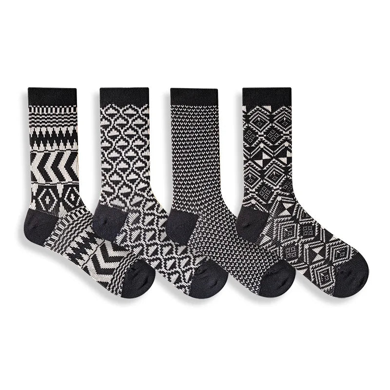 High-Quality Men's Pure Cotton Ethnic Knitted Socks Geometric Pattern Mid-Calf Crew Socks for Men Unisex Casual Dress Socks