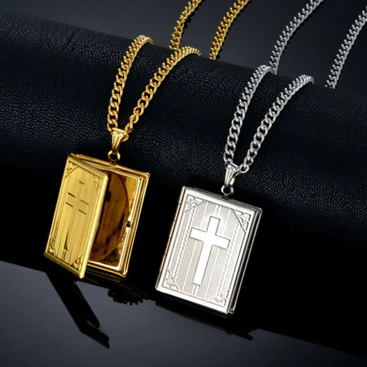 Hotsale 18k Gold Plated Cross Photo Locket Pendant Necklace Religious Bible Necklace Jewelry for Women Men