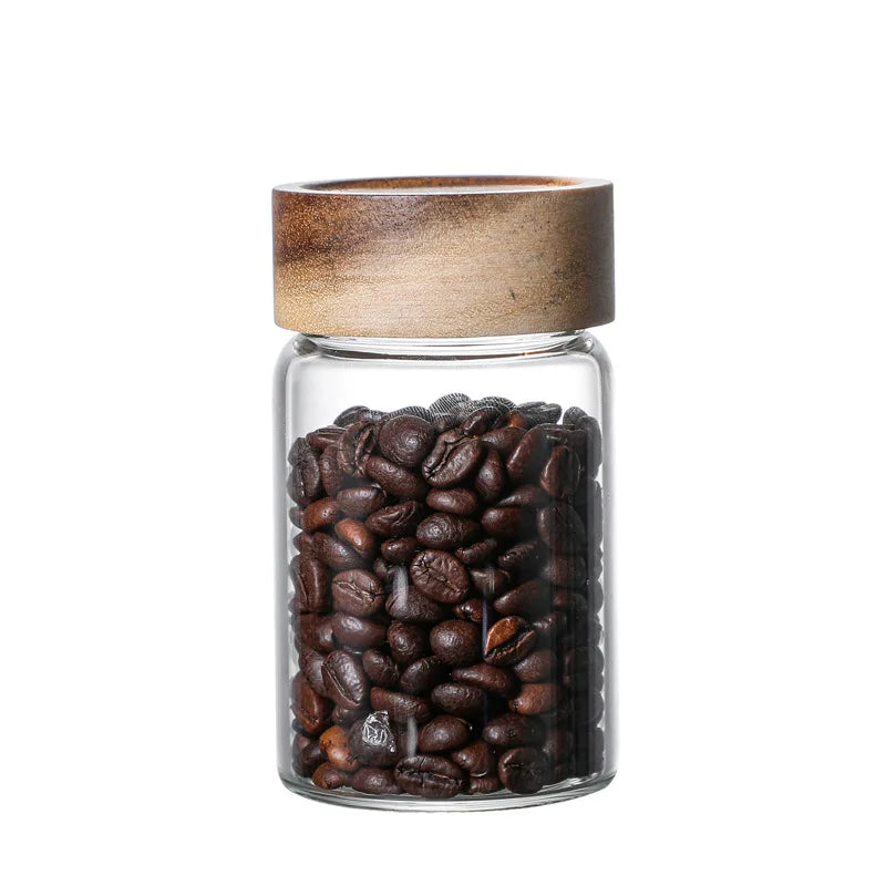 Q Acacia Wood Lid Coffee Bean& Tea sealed Jar bar Counter Storage Flower Nectar Coffee Bean Display Bottle