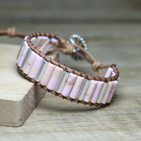 Handmade Pink Turquoise Wrap Bracelet for Women - Bohemian Leather Tube Beaded Stone Jewelry Dainty Vintage Gift