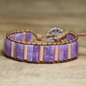 Lepidolite Stone Wrap Bracelet for Women Fine Jewelry Vintage Leather Wrap Tube Purple Mica Gemstone Cuff Bracelet for Women Men