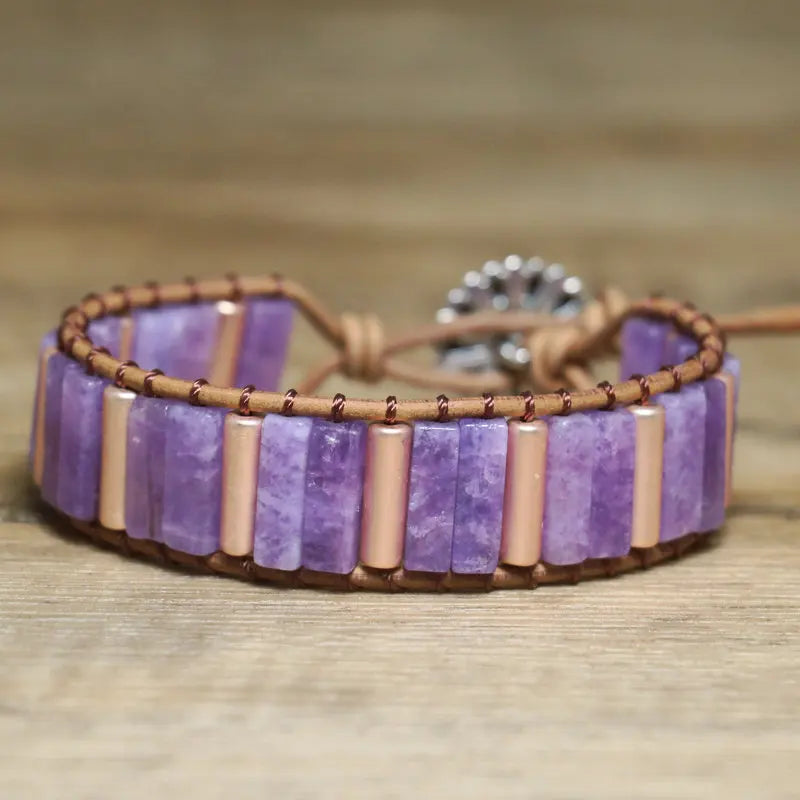 Lepidolite Stone Wrap Bracelet for Women Fine Jewelry Vintage Leather Wrap Tube Purple Mica Gemstone Cuff Bracelet for Women Men
