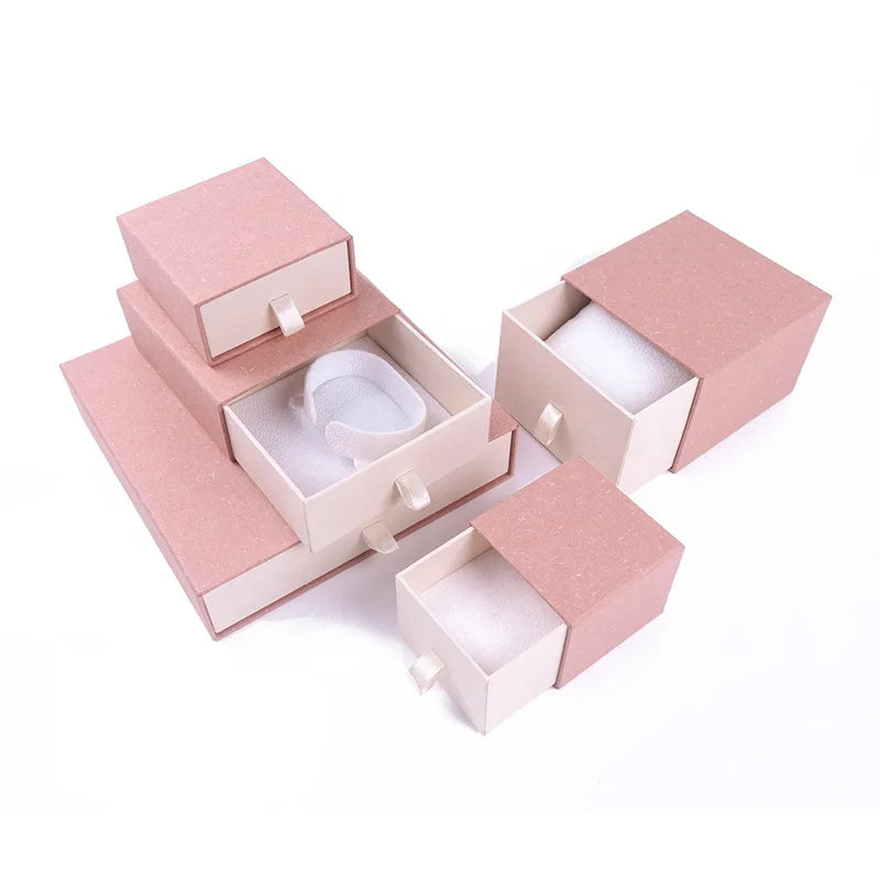 Custom Rectangle Pink Cream Cardboard Paper Lining Velvet Drawer Sliding Jewelry Necklace Earring Packaging Box with Pouch Bag