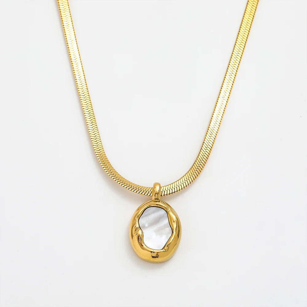JOOLIM Ready to Ship High End Stainless Steel Band Herringbone Chain 18k Gold Plated Irregular Shell Pendant Necklace