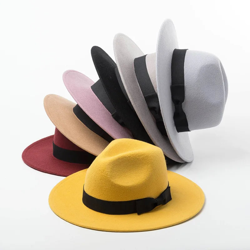Custom Luxury 8cm Flat Brim Fedora Hat Solid Colour Wool Felt for Women Men Striped Fall Autumn Winter Fashion Dress for Parties