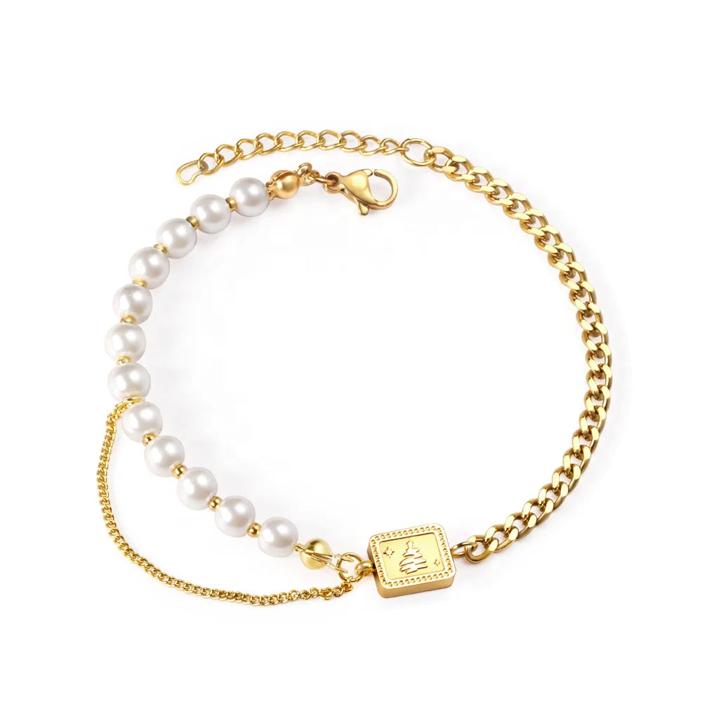 Engagement Gift Stainless Steel Gold Plated Pearl Bracelet for Woman