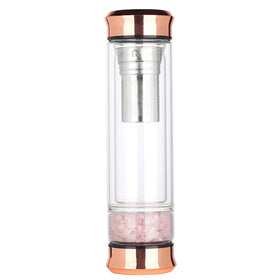 Loose Leaf Tea Infuser Crystal Water Bottle Double Wall Glass for Hot and Cold Drinks with Rose Quartz Amethyst Chakra Stone