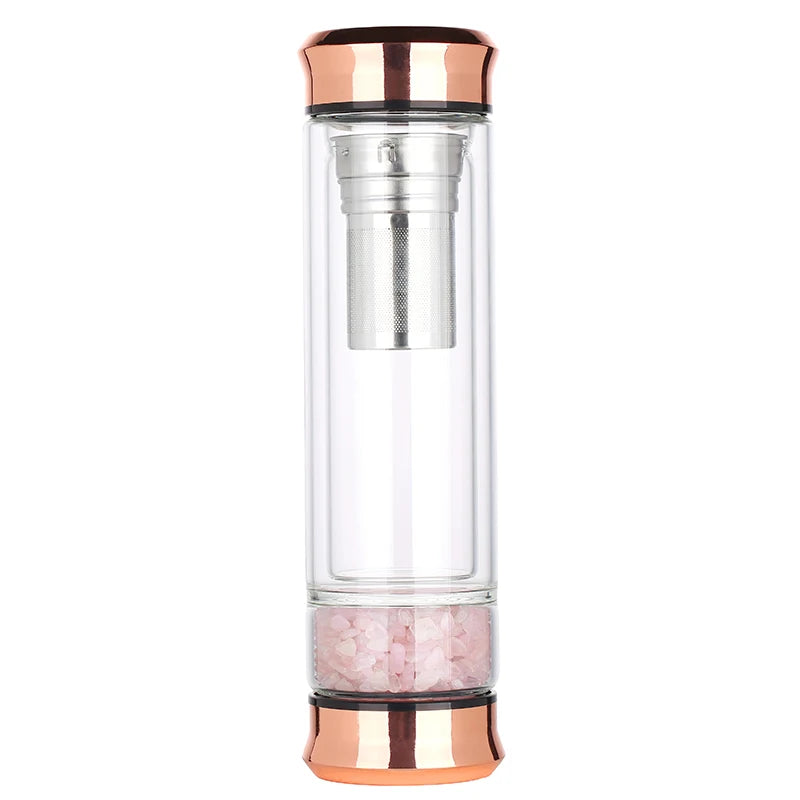 Loose Leaf Tea Infuser Crystal Water Bottle Double Wall Glass for Hot and Cold Drinks with Rose Quartz Amethyst Chakra Stone
