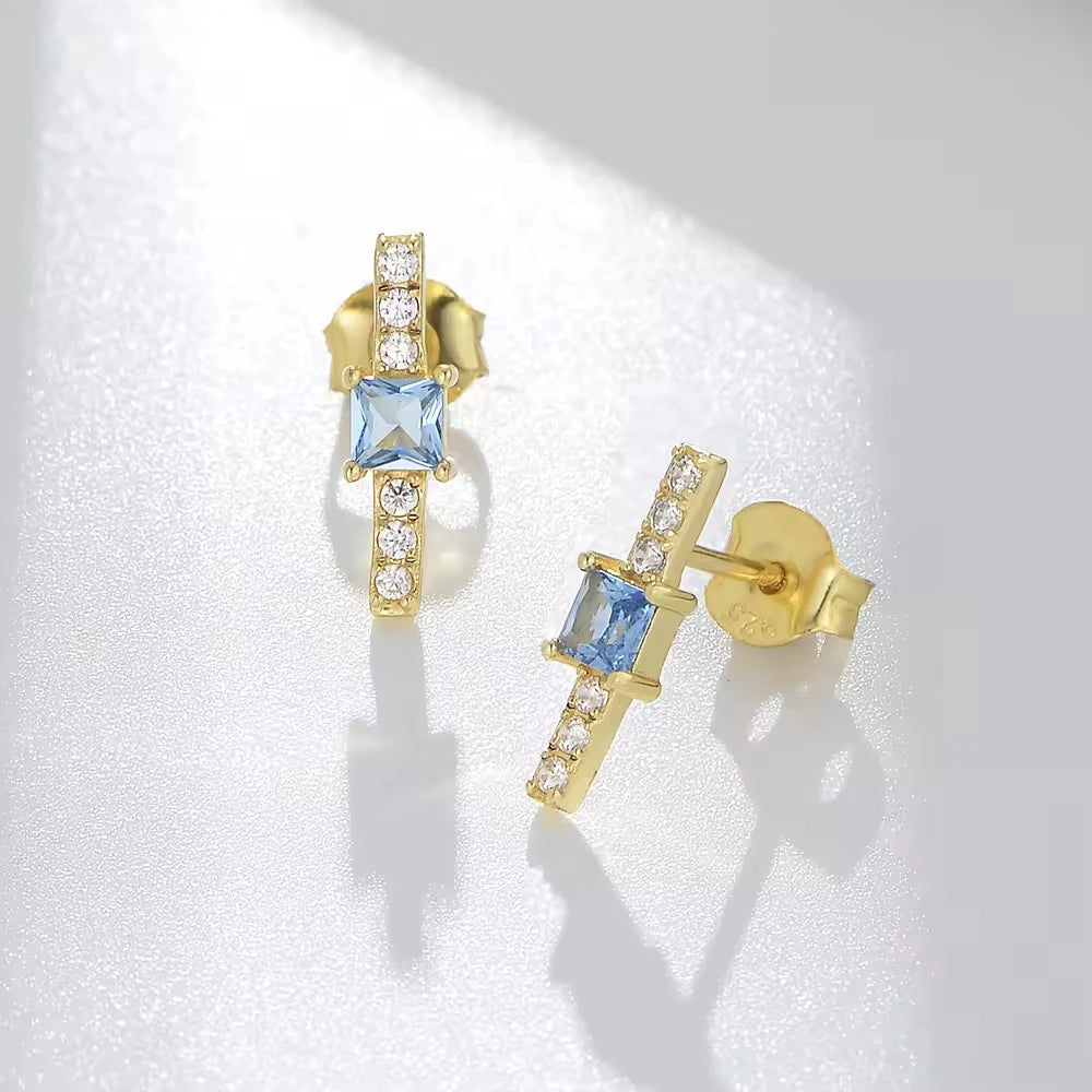 Women Jewelry 925 Sterling Silver Gold Plated Square Zircon Bar Stud Earrings