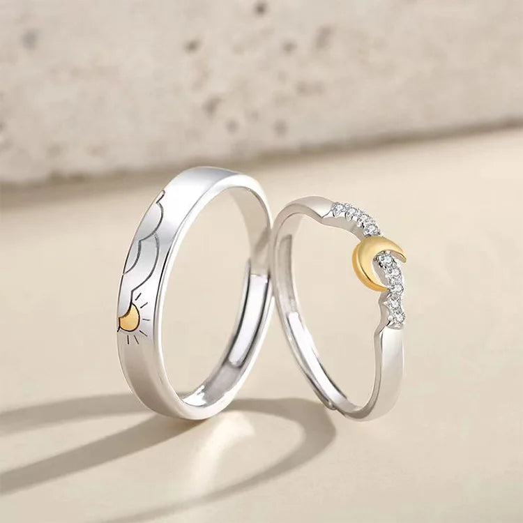 Romantic the Sun and Moon Rhinestone Couple Ring for Wedding Jewelry Valentine's Day Gift Open Adjustable Ring
