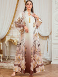 Elegant Saudi Women Abaya Flowers Dress Printed Middle East Islamic Ramadan Jalabiya Dubai Muslim Embossed Eid Robe with Tassel