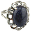 Hot Sale Women Hollowed Out Stainless Steel Ring Natural Oval Black Syn.Blue Sandstone Stone Ring for Men