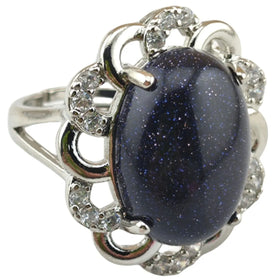 Hot Sale Women Hollowed Out Stainless Steel Ring Natural Oval Black Syn.Blue Sandstone Stone Ring for Men