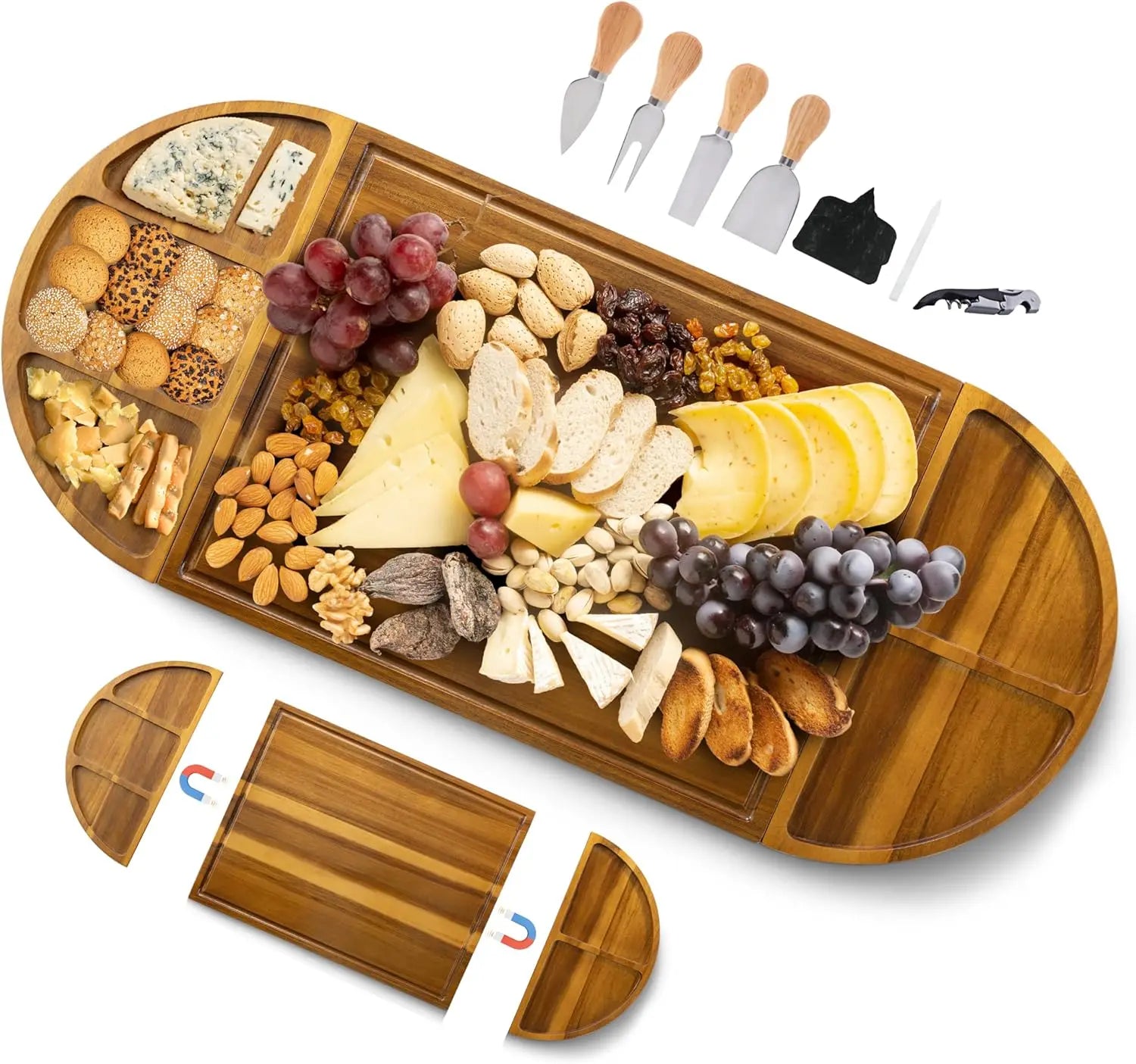 Acacia Wood&Bamboo Cheese Board 3 Part Magnetic Long & Round Boards with Knife Set  Unique Serving Tray for Birthday