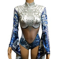 Chinese Style Porcelain Print Trumpet Sleeve Rhinestones Bodysuits Stage Costume Singer Dancer Performance Wear Women Jumpsuits