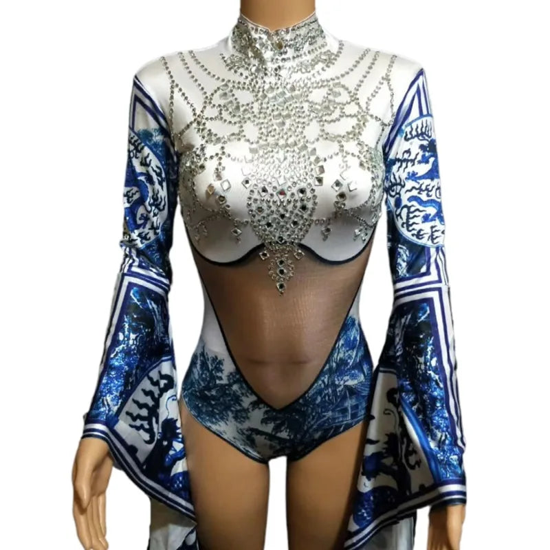 Chinese Style Porcelain Print Trumpet Sleeve Rhinestones Bodysuits Stage Costume Singer Dancer Performance Wear Women Jumpsuits
