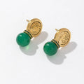 High End Female Retro Vintage 18K Gold Luxury Stainless Steel Diamond Green Stone Zircon Earrings