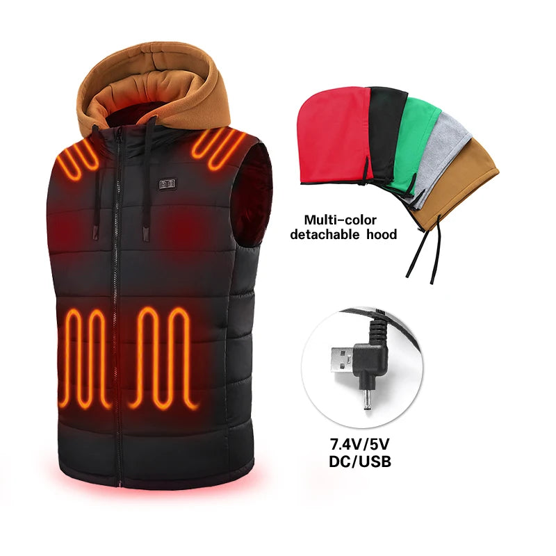 15 Heating Zones Smart Electric Heating Vest Rechargeable with Removable Hood Women and Men Battery Heated Vest
