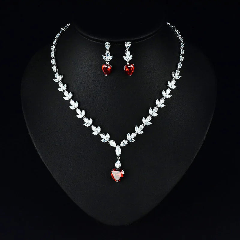 High Quality Red Heart Pendant Necklace Earrings Jewelry Sets for Women Bridal Wedding Luxury Jewelry Dinner Accessories
