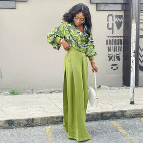 2023 Autumn New Printed Design Lantern Sleeve Shirt Wide Leg Pants Casual Suit