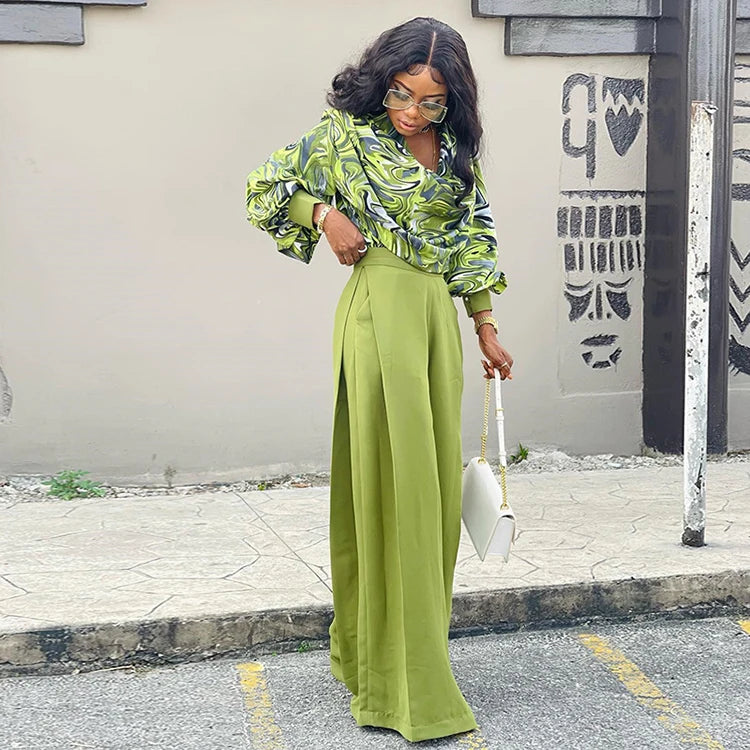 2023 Autumn New Printed Design Lantern Sleeve Shirt Wide Leg Pants Casual Suit