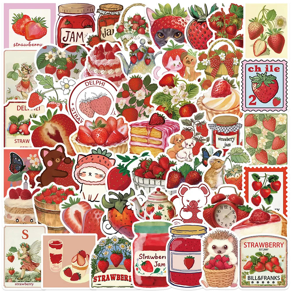 50Pcs Cartoon Strawberry Food Graffiti Stickers for Wall Refrigerator Decor Red Fruit Sealing Sticker