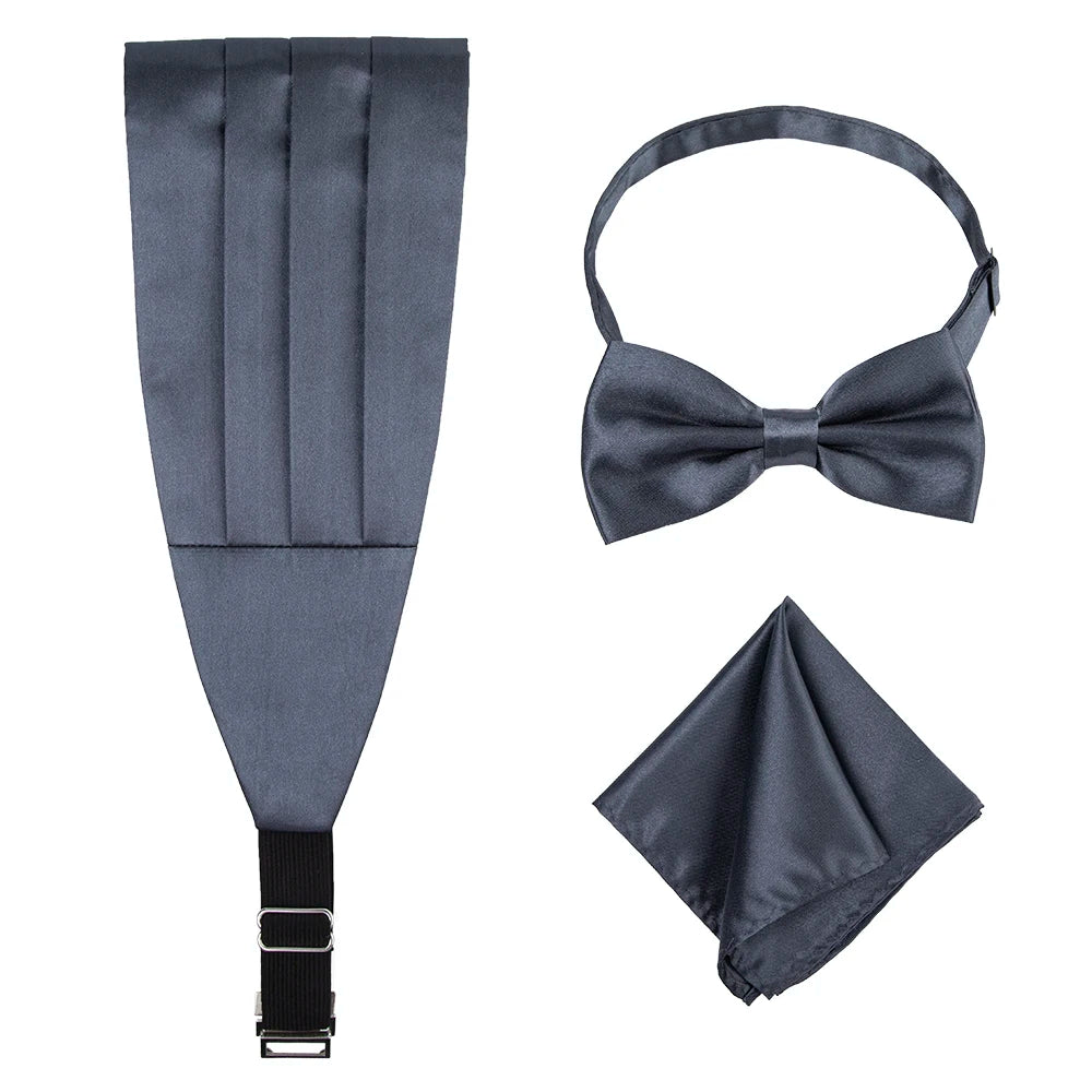 Custom Made Men's Polyester Satin Bow Tie Cummerbund Belts Pocket Square Plate Buckle Gray Handkerchief Casual Wedding Events