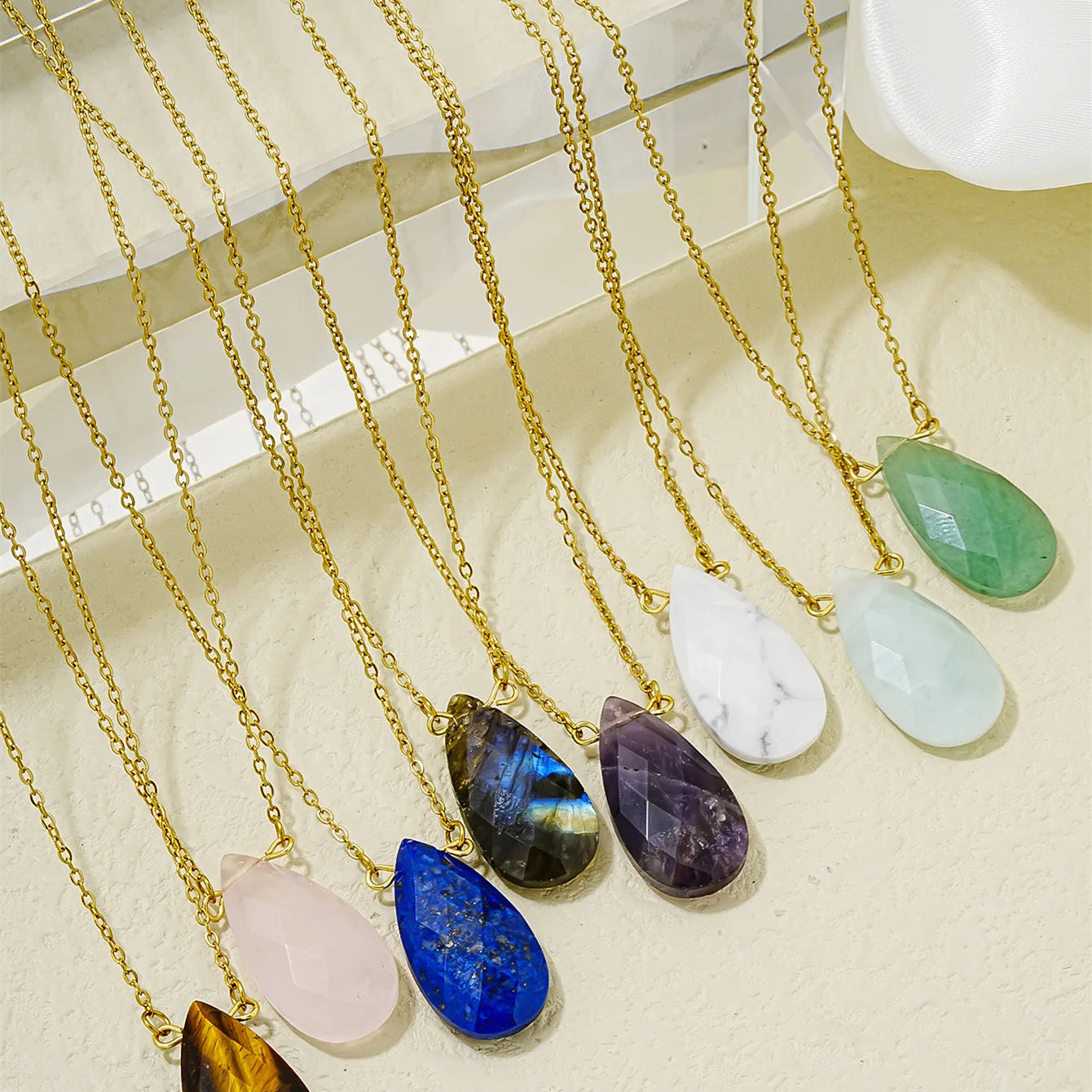 New Arrival Handmade Water Drop Pendant Natural Stone Necklace Luxury Gifts Rose Quartz Amethyst Labradorite Necklace for Women