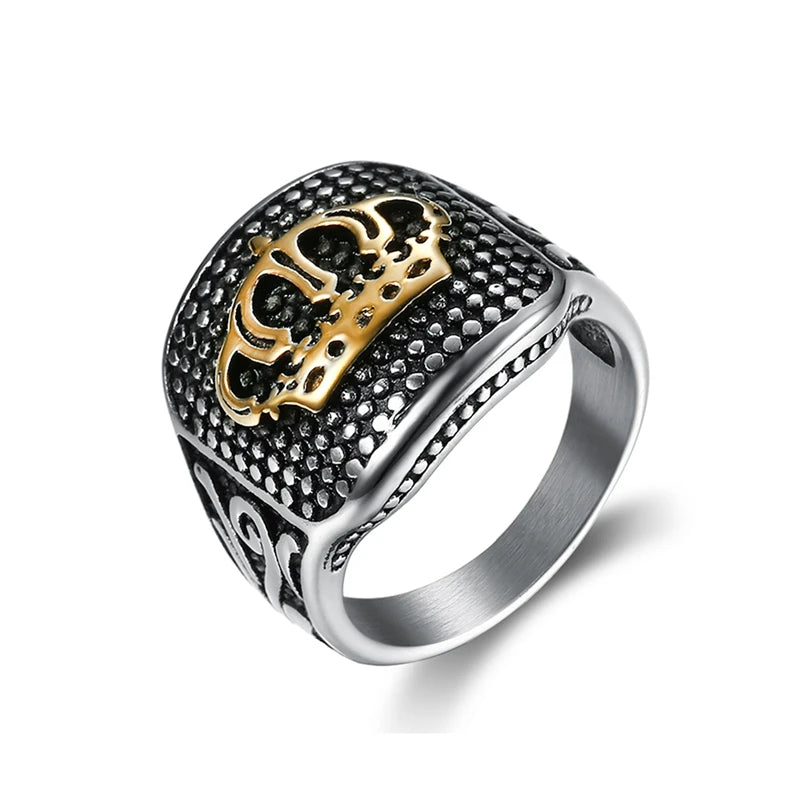 Wholesale Vintage Gold Plated Silver Crown Signet Ring Mens 316 Stainless Steel Royal King Queen Crown Ring