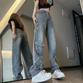 Y2K Vintage Women Korean Streetwear Regular Star Aesthetic Straight Trousers Wide Leg Jeans Grunge Hip Hop Denim Breathable