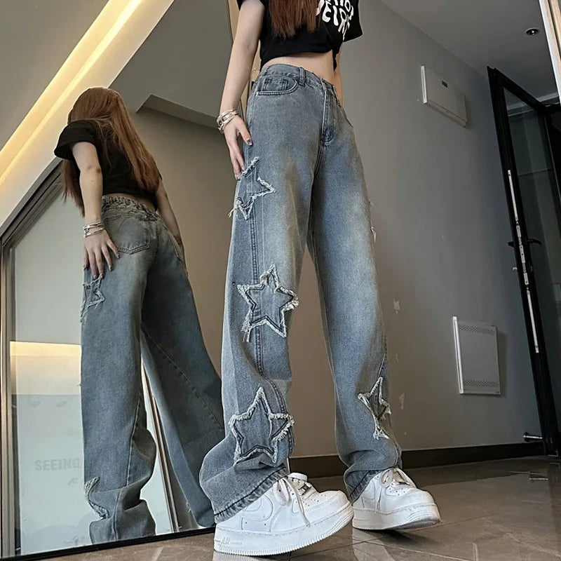 Y2K Vintage Women Korean Streetwear Regular Star Aesthetic Straight Trousers Wide Leg Jeans Grunge Hip Hop Denim Breathable