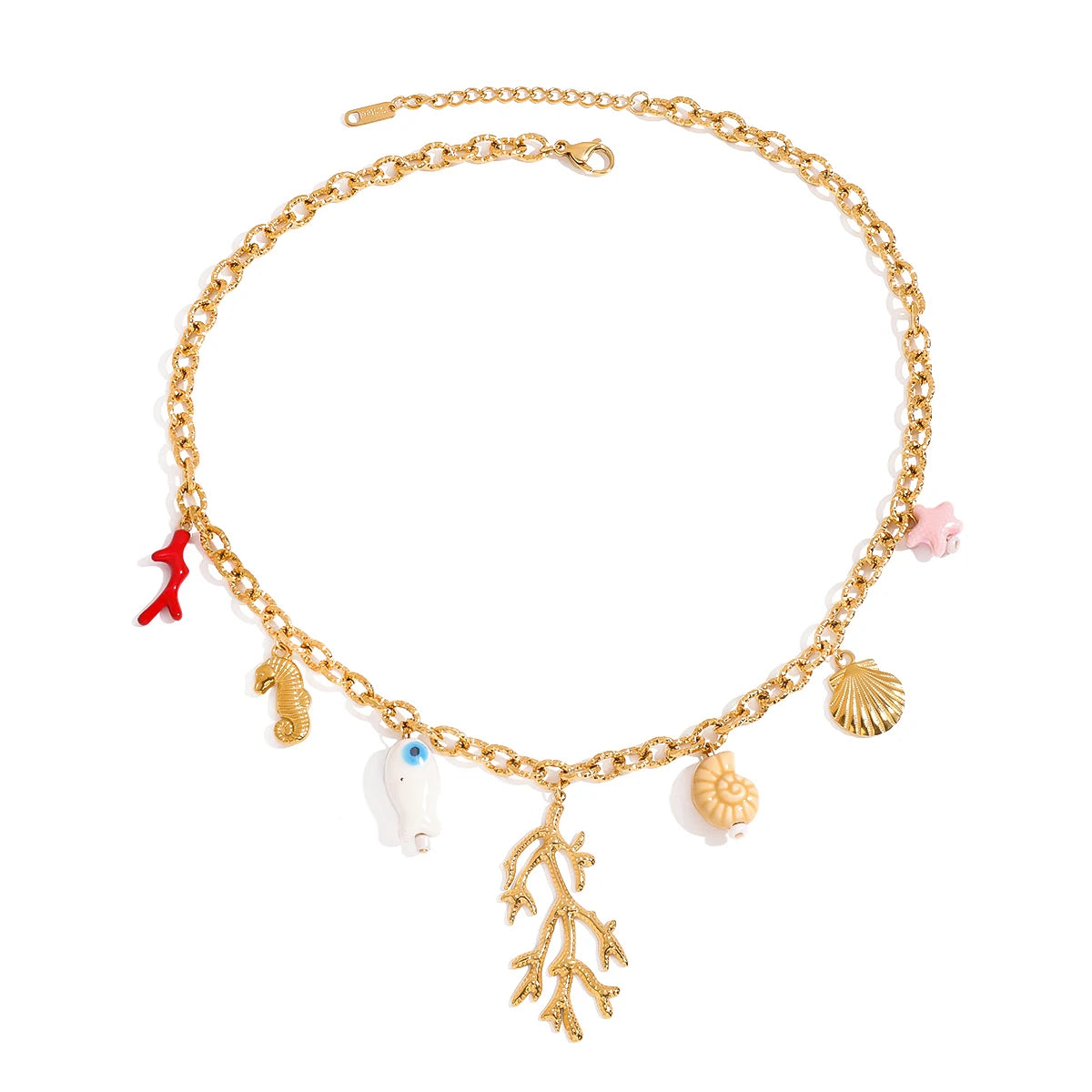 J&D Stainless Steel 18K PVD Gold Plating Ocean Red Pepper Coral Ceramic Starfish Sea Fish Summer Necklace