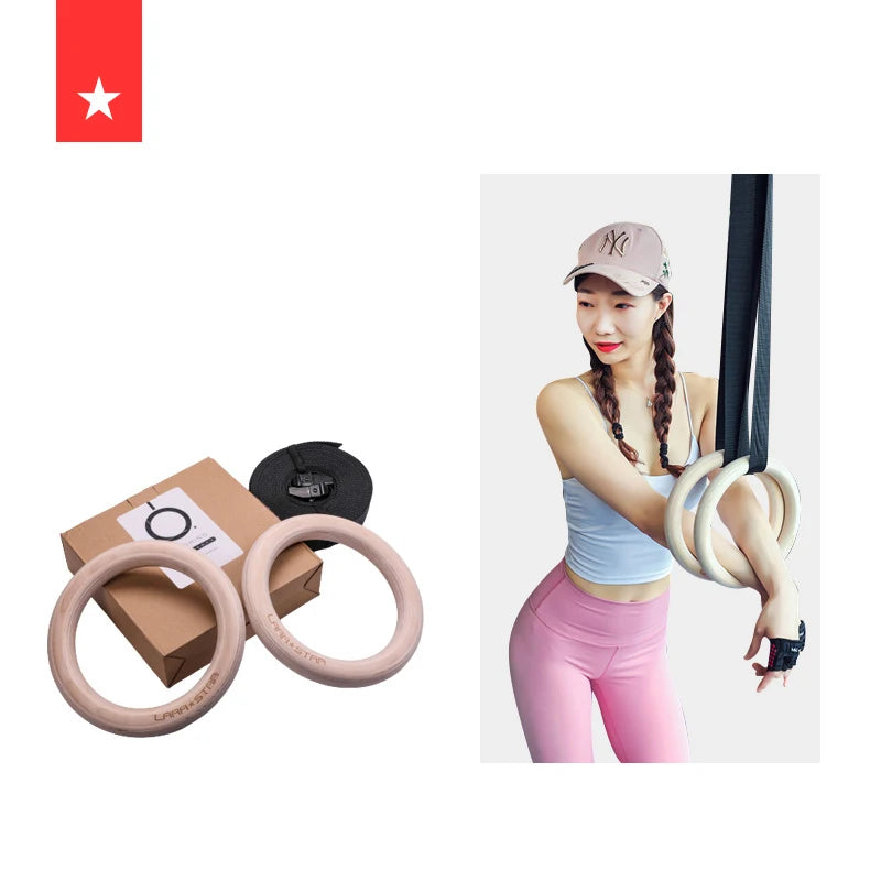 LS1178 Wooden Gym Rings with Exercise Straps Comprehensive Whole Body Workout