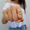 Unique Chunky 2025 Stainless Steel Jewelry Women 18K Gold Plated Black Agate Sunflower Ring