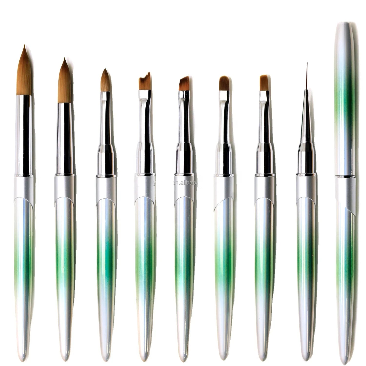 Gradient Green Professional Kolinsky Acrylic Nail Brush Set UV Thin Liner Flat/Oval Crimped Ferrule Metal Handle Multifunctional