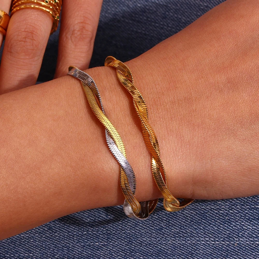 Dreamshow Double Layer Woven Snake Chain Anti Tarnish Bracelet for Women Jewelry 18K Gold Plated Stainless Steel Bracelet