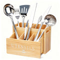 Wood Utensil Holder for Kitchen Counter Adjustable Kitchen Utensils Organizer with 5 Compartments