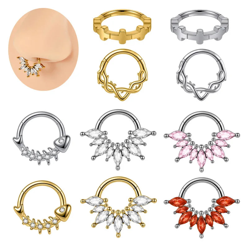 Gaby Vintage Stainless Steel Septum Clicker Nose Stud Gold Plated Nose Ring for Women's Body Jewelry Piercing for Wedding Gift