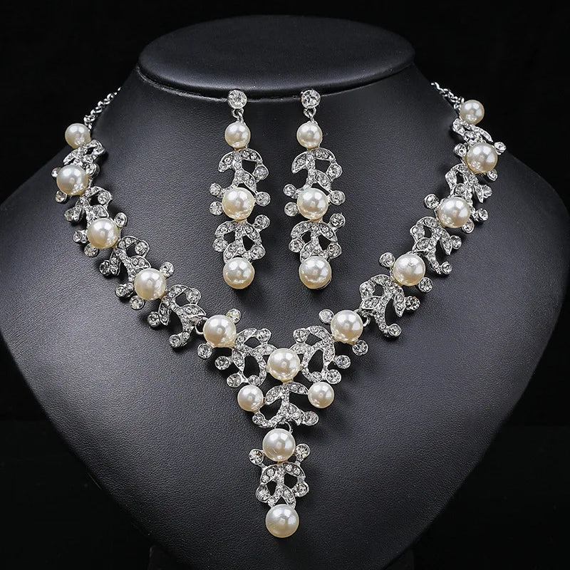 New Design Crystal Rhinestone and Pearl Pedant Necklace Earrings Women's Bride Jewelry Sets for Wedding Inspired by Africa