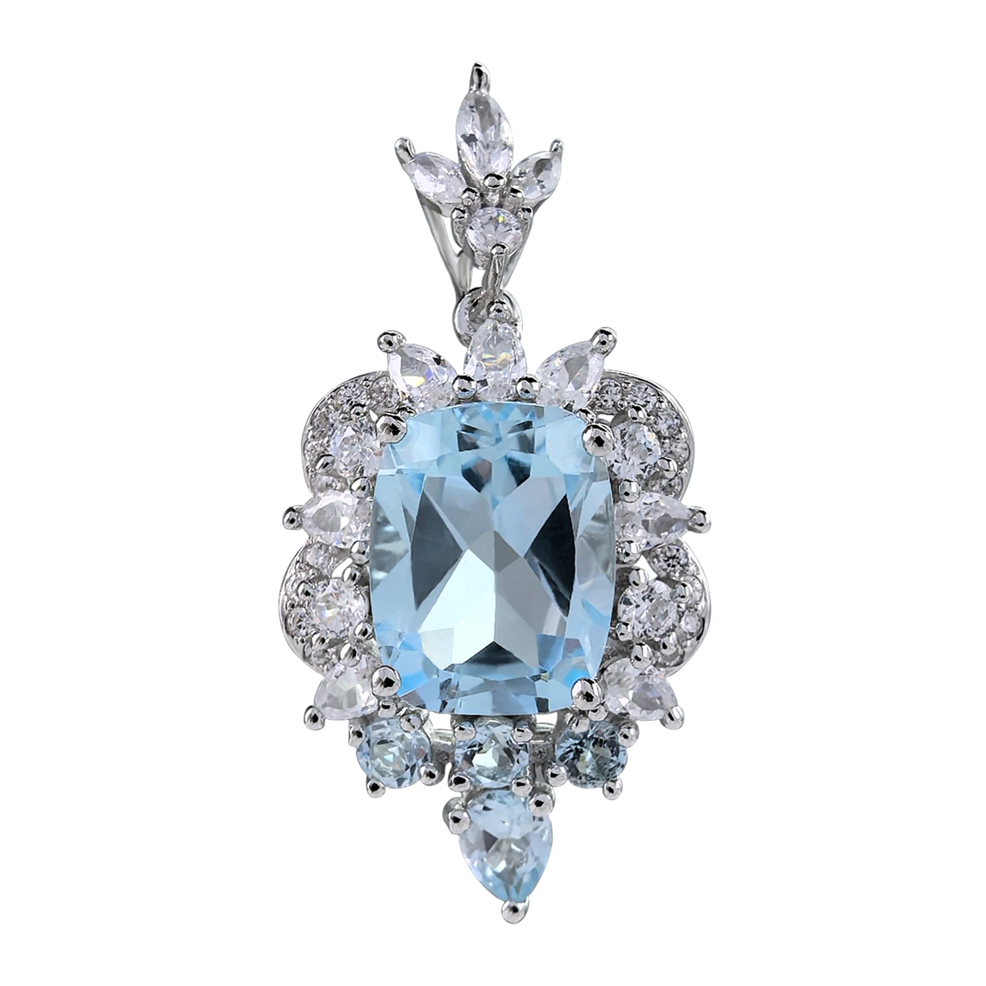 Factory Wholesale Rhodium Plated 925 Sterling Silver Cushion Cut Natural Sky Blue Topaz Pendant for Women Gift Daily Wear