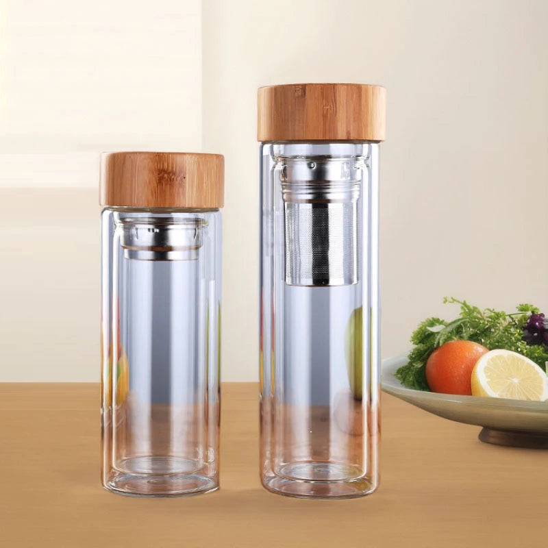 450ml Heat Resistant Double Wall Water Bottle Glass Infuser for Hot Tea with Cap Packaging 350ml Drinkware