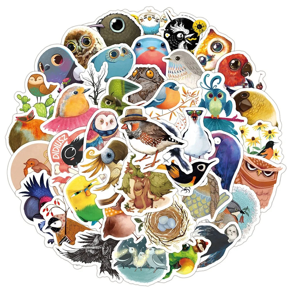 50Pcs Illustration Cartoon Bird Parrot Animal Art Graffiti Sticker for Children Kids Skateboard Guitar Vinyl Stickers