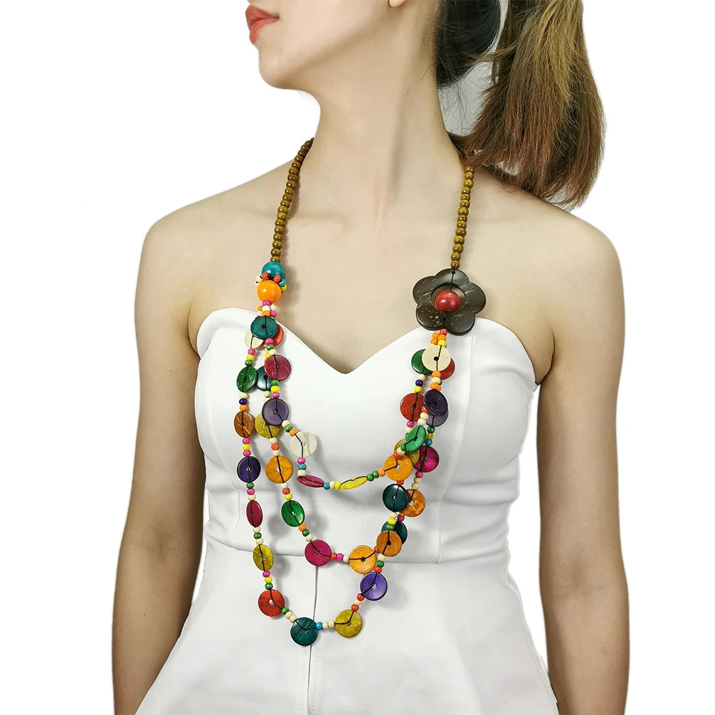 Retro Fashion Bohemian Chunky Flower Statement Long Necklace Wood Beads Coconut Shell Necklace Summer Jewelry Accessories