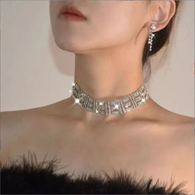Luxury square Rhinestone Multi-layer Necklace Earrings Set for Women Crystal Simple Korean Statement Wedding Earring Jewelry