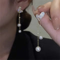 Orecchini a Cuore  Heart Pearl Zircon Earrings  Women Long Tassel Chain Wedding Party Heart Earrings