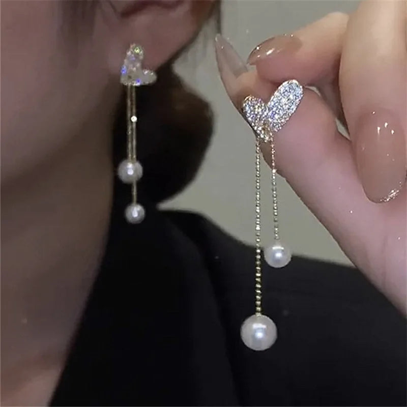 Orecchini a Cuore  Heart Pearl Zircon Earrings  Women Long Tassel Chain Wedding Party Heart Earrings
