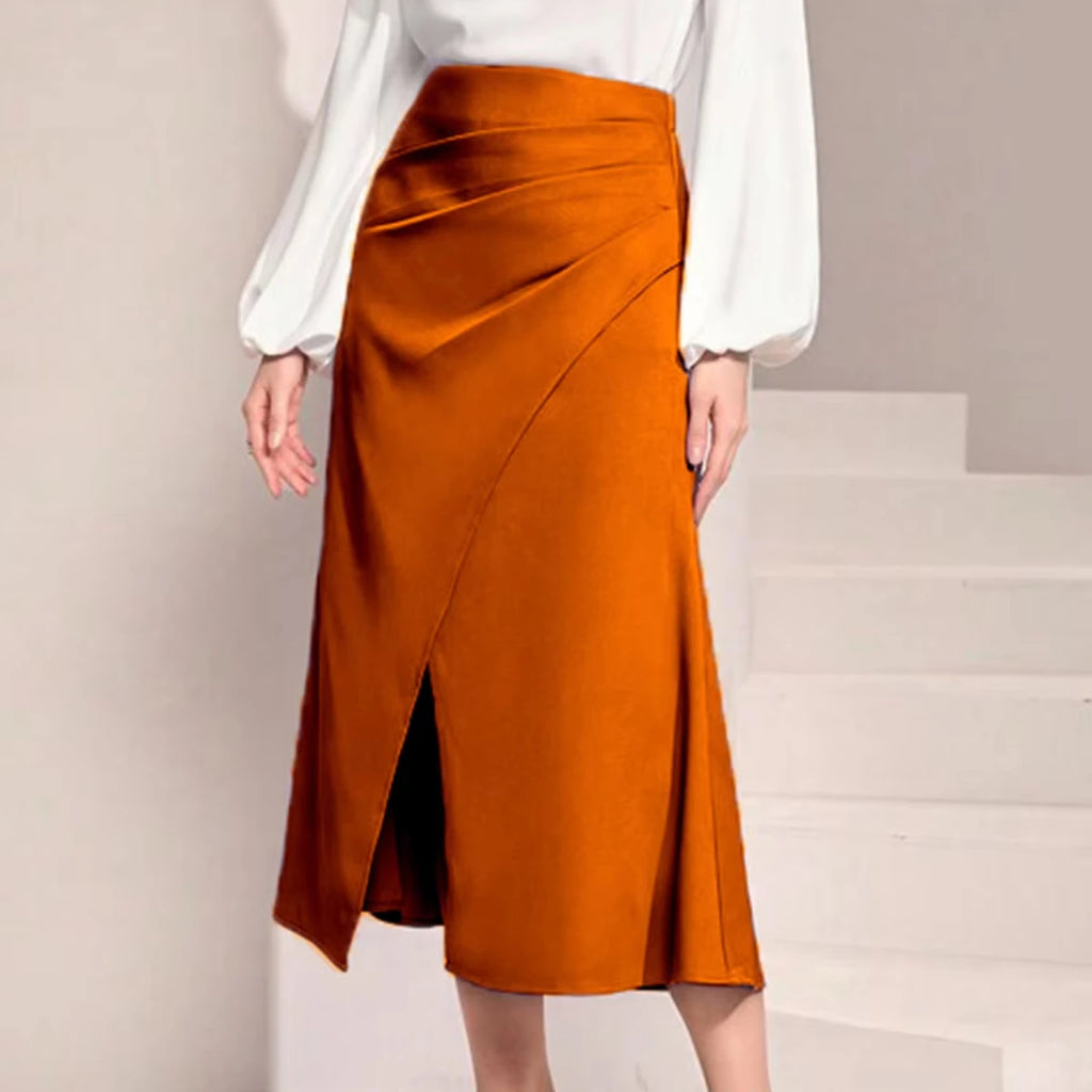 S-XL High Waisted Satin Pleated Slit Skirt European and American Solid Color Skirt Zipper Fish Tail Wrapped Hip Skirt