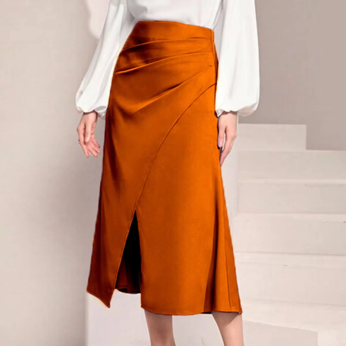 S-XL  High Waisted Satin Pleated Slit Skirt European and American Solid Color Skirt Zipper Fish Tail Wrapped Hip Skirt