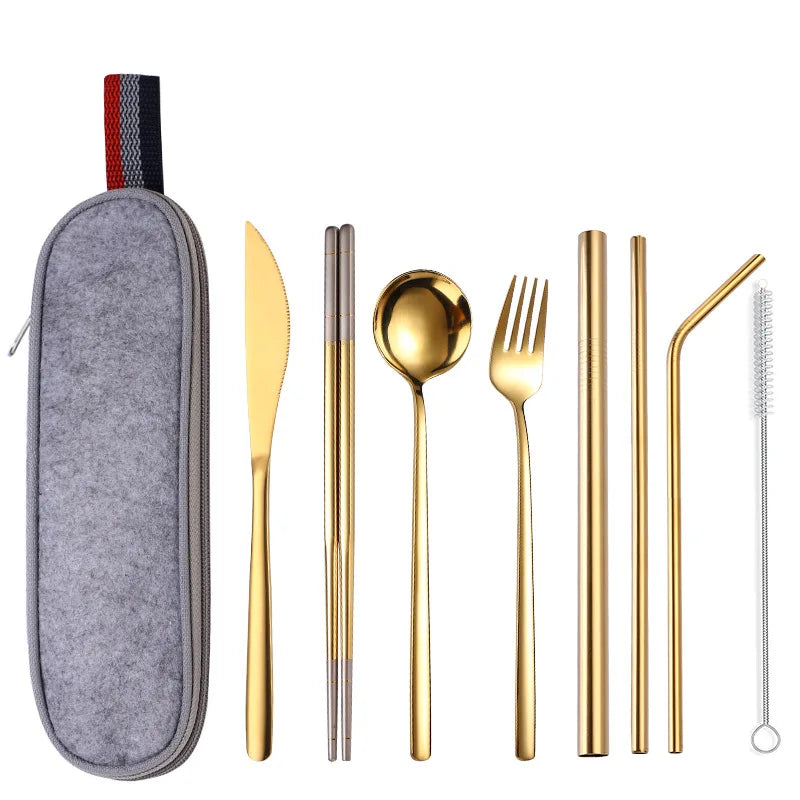Custom Stainless Steel 304 Portable Outdoor Camping Tableware Children Kids Travel Chopsticks Fork Spoon Cutlery Set With Straw